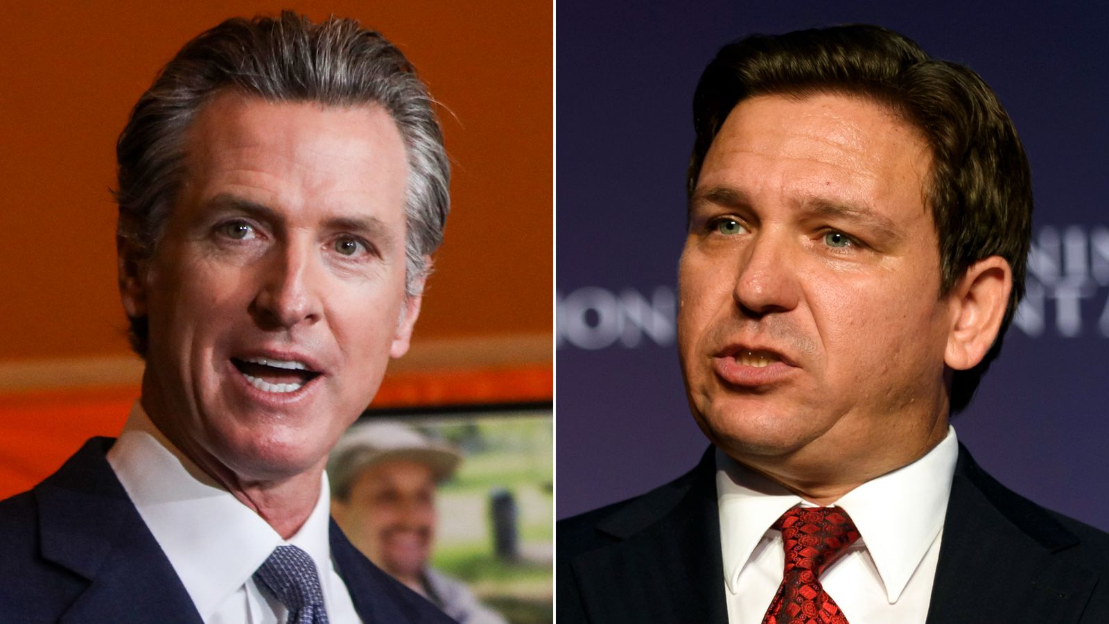 Split image of Ron DeSantis and Gavin Newsom